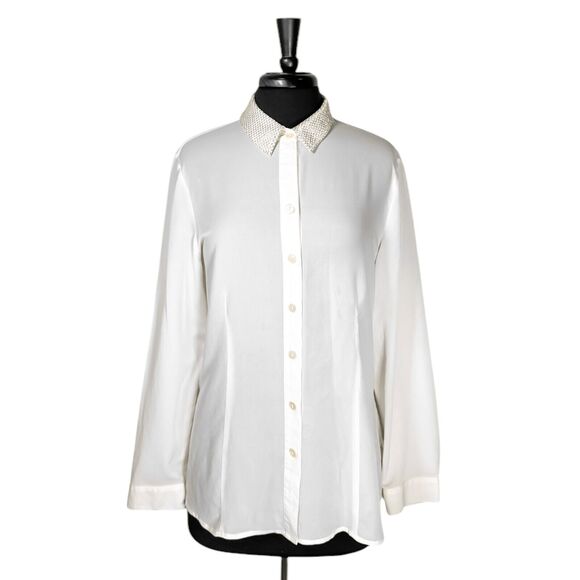 Chico's Women's Shirt Button Up Ivory Gold Embellished Blouse Top Size 2 US L/12 - Picture 1 of 10